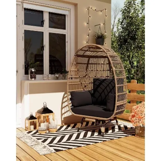 Outdoor Wicker Egg Chair Rattan Chair with Cushion, 360&deg;Swivel Oversized Patio Lounge Chair Steel Frame & Thick Cushions, Black image {3}