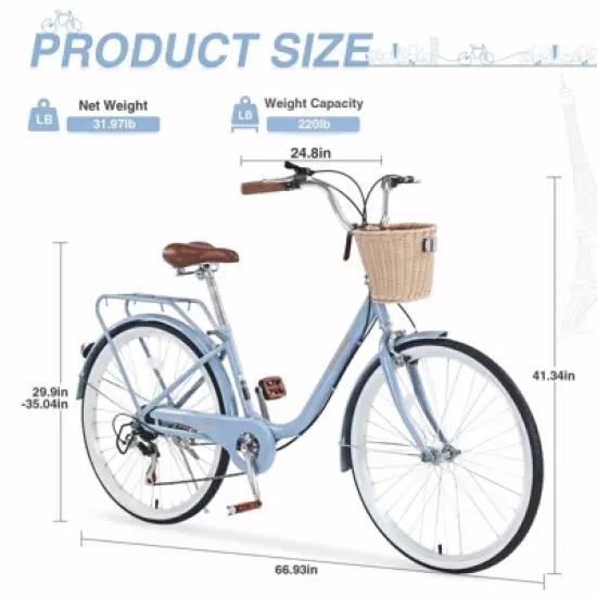 INFURNIC Bicycles 7 Speed City Bike with Basket and Steel Frame for Girls Commuter and Leisure Riding, Blue, 66.93"*24.8"*41.34" image {3}