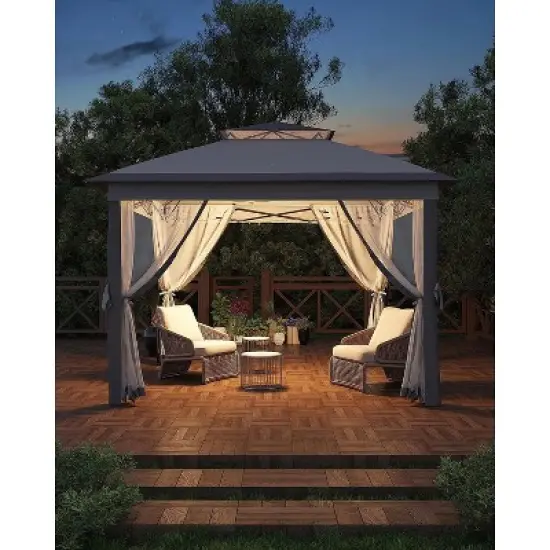 11'x11' Outdoor Metal Gazebo with Mosquito Netting & Zipper Door, UV & Water Resistant Canopy Shelter, Ideal for Backyard, Garden, Deck image {8}