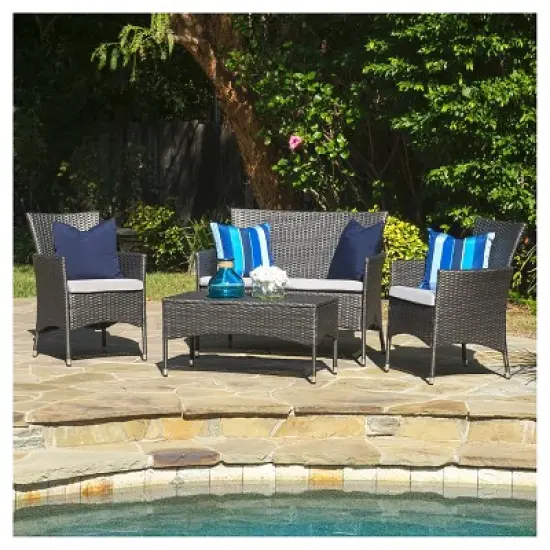 Malta Outdoor 4pc Wicker Chat Set with Cushions - Christopher Knight Home image {4}
