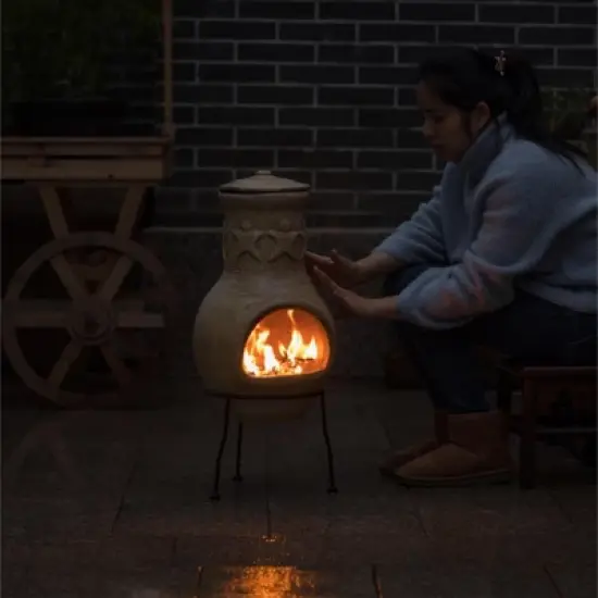 Vintiquewise Outdoor Beige Clay Chimenea Maya Design Fire Pit with Metal Stand image {5}