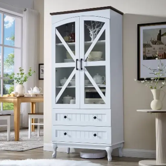 72" Tall Kitchen Pantry Cabinet, Farmhouse Storage Cabinet with Glass Doors, Organizer, Adjustable Shelves,Wood China Cabinet, Display Cabinet image {7}