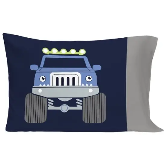 Carter's Monster Truck 4 Piece Toddler Bed Set - Comforter, Fitted Bottom Sheet, Flat Top Sheet, Standard Pillowcase, Navy and Grey image {5}