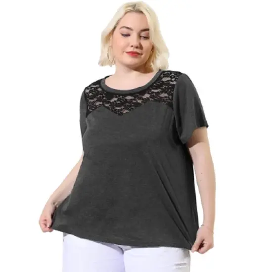 Agnes Orinda Women's Plus Size Lace Insert Short Sleeves Round Neck T-shirts image {10}