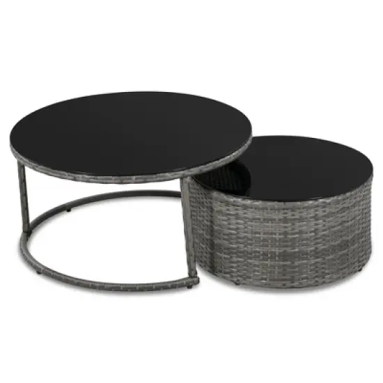 FIONECA 9-Piece Half-Moon Patio Sofa Set, Outdoor Round Wicker Sectional with Coffee Tables & Cushions, Gray image {13}