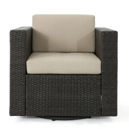 FIONECA Outdoor Swivel Patio Chair with Cushions, Single Rattan Chair with 360&iexcl;&atilde; Rotation, Dark Brown Wicker / Beige Cushion image {6}
