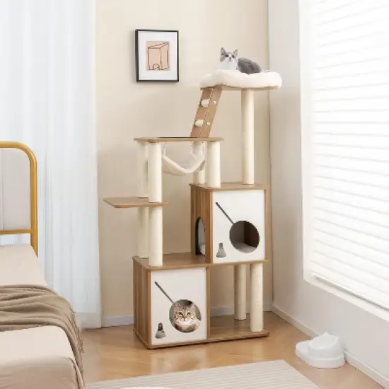 Tangkula Modern Cat Tree 57" Wood Cat Tower with Sisal Scratching Posts Padded Top Perch 2 Cat Condos Hanging Hammock & Climbing Ladder image {2}