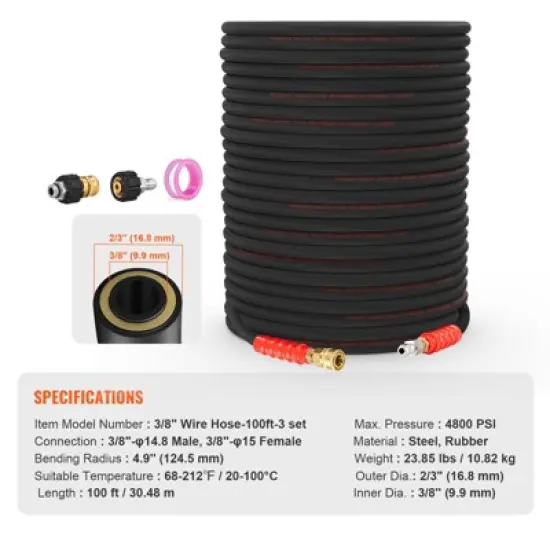VEVOR Pressure Washer Hose, 100FT, Kink Free 3/8"-&phi;14.8 Male, 3/8"-&phi;15 Female For Most Brand Pressure Washers, 4.9'' Bending Radius, Black image {7}