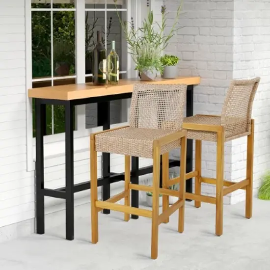 Costway Set of 2 Patio Wood Barstools Rattan Bar Height Chairs with Backrest Porch Balcony image {2}