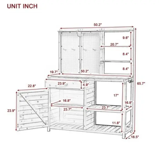Hrinhom 50.2"W  Patio Potting Bench Table, Wooden Farmhouse Garden Workstation with Storage Shelves and Side Hook image {4}