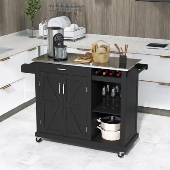 Costway Kitchen Island Cart Rolling Utility Trolley Stainless Steel Top Wine Rack image {1}