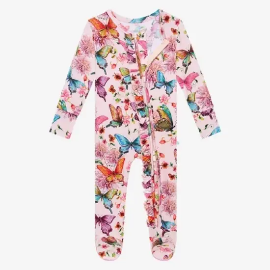 Infant Watercolor Butterfly Footie Ruffled Zippered One Piece - Posh Peanut image {7}