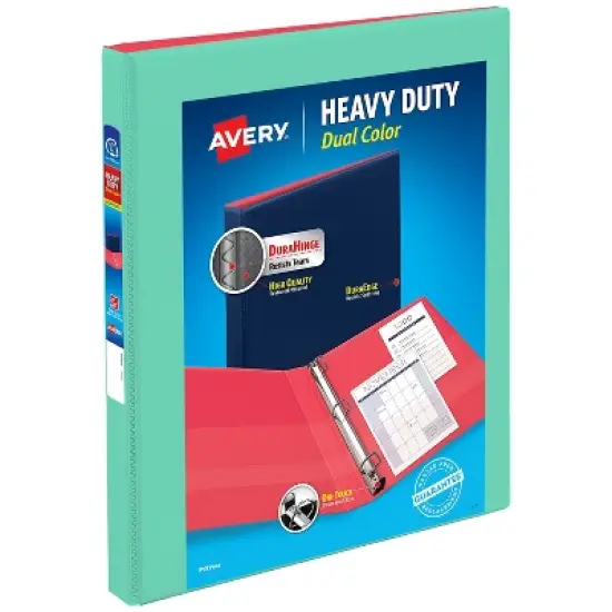 Avery 0.5" D-Ring Binder Heavy Duty Dual View Mint/Coral: Polypropylene, 135 Sheet Capacity, 4 Pockets, Hard Cover image {4}
