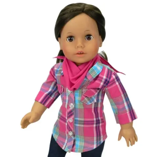 Sophia&rsquo;s Plaid Button-Up Blouse, Denim Jeggings, & Bandana for 18&rdquo; Dolls, Hot Pink image {1}