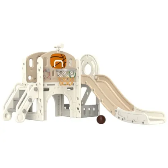 INFURNIC Baby Activity Gyms, Toddler Slide Playset with Basketball Hoop and Telescope, Indoor Playground for Kids, Beige, 60.2"*73.2"*43.7" image {2}
