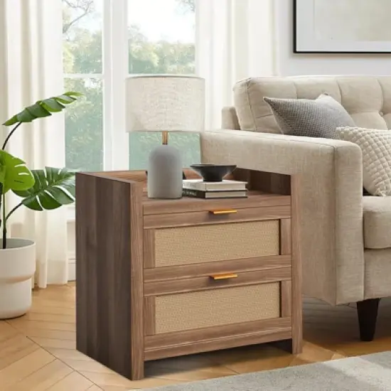 Night Stand Set of 2, Bedside Tables with Charging Station, Rattan End Tables, Boho Bed Side Tables, Wood Nightstands Set of 2 with Drawer image {1}