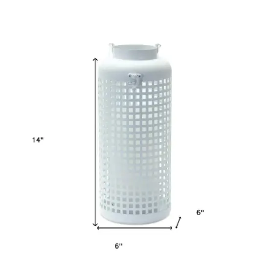 HomeRoots 14" White Distressed Lattice Iron Floor Lantern Candle Holder image {2}