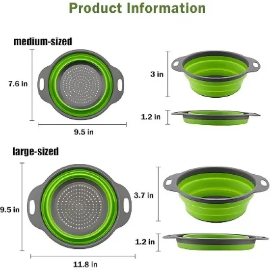 Collapsible Colander Set of Perfect for Draining Pasta, Vegetable and fruit for Kitchen and Travel Use (green) image {6}