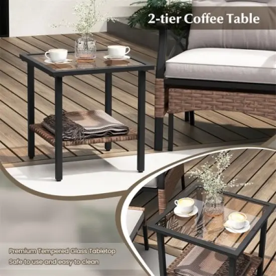Tangkula 5PCS Wicker Patio Furniture Set Rattan Chairs w/ 2-Tier Tempered Glass Side Table image {5}
