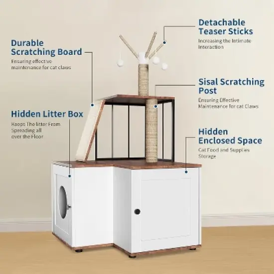 Cat Tree Litter Box Enclosure Hidden Litter Box, Large Tall Cat Tower for Indoor Cats Large Adult with Scratching Post, Hanging Balls for Pets image {2}