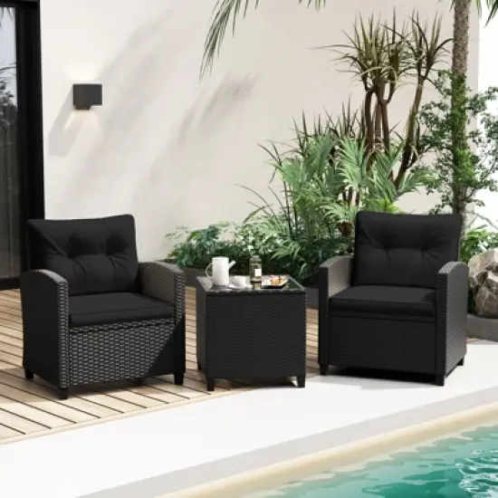 Tangkula 3 Piece Patio Furniture Set, Rattan Conversation Set w/Soft Seat & Back Cushions, Tempered Glass Topped Coffee Table Black image {2}