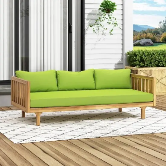 Claremont Outdoor 3 Seater Acacia Wood Daybed with Cushions Teak/Green - Christopher Knight Home: UV-Resistant, Water-Repellent Patio Sofa image {2}