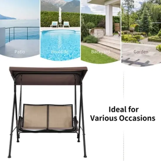 Costway 2 Seat Patio Porch Swing with Adjustable Canopy Storage Pockets  Brown image {6}