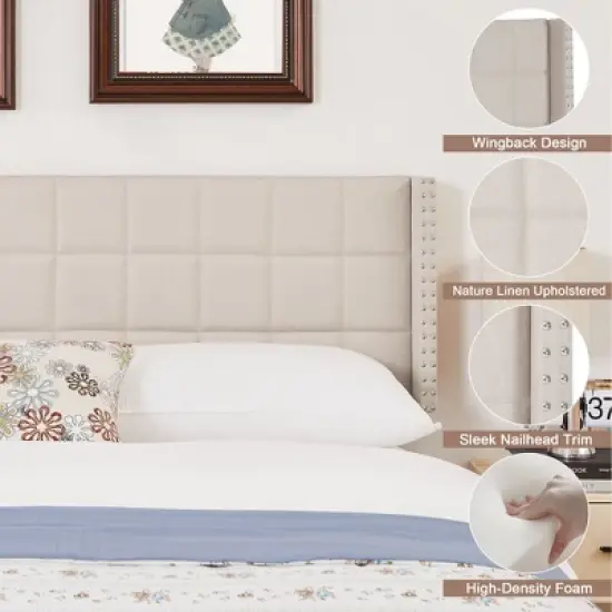 Linen Upholstered Headboard, Tufted Nailhead & Double Wingback, 6 Adjustable Position image {4}