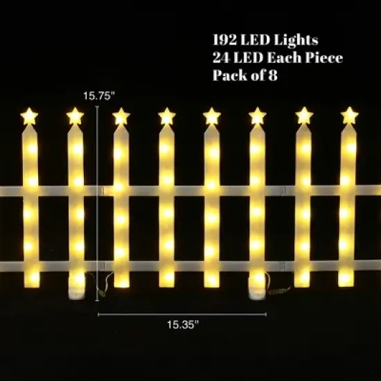 LuxenHome 8-Piece Light Show Star-Topped Fence Design Outdoor Decoration White image {1}