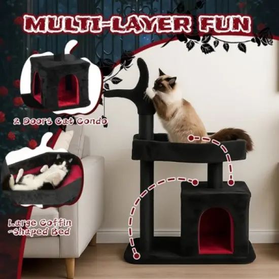 Angel Sar 44.5" Gothic Cat Tree with Coffin Bed, Large Cat Tower with Scratching Posts & Hanging Toy for Indoor Cats, Black image {4}