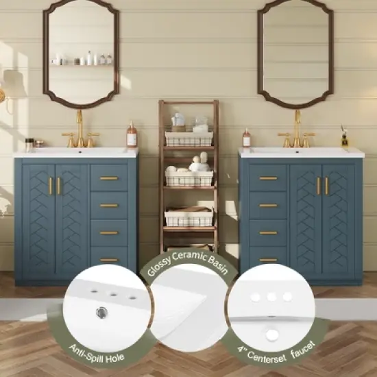 Mshliw 60 Inch Double Bathroom Vanity with Ceramic Sink Combo, Modern Freestanding Cabinet with 6 Drawers and 4 Soft Close Doors, Solid Wood Frame image {8}