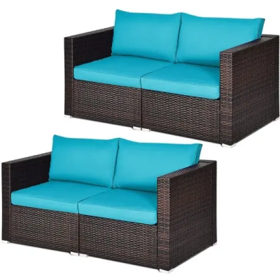 Tangkula 4PCS Rattan Corner Sofa Set Patio Outdoor Furniture Set w/ Blue Cushions image {9}