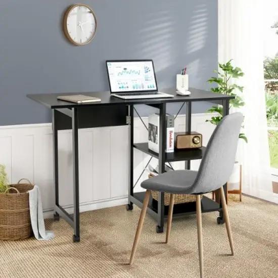 Costway Rolling Computer Desk Folding Writing Office Desk Storage Shelves Black image {2}