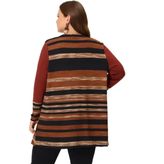 Agnes Orinda Women's Plus Size Long Open Front Striped Sweater Knit Cardigans image {3}