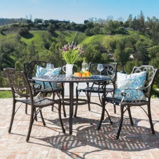 Christopher Knight Home Alfresco Outdoor Aluminum 5 Piece Dining Set with Lattice Design and Umbrella Hole, Bronze image {1}