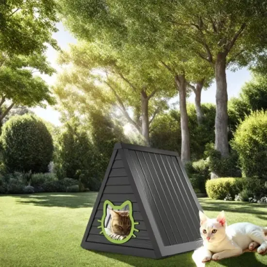 SEVOBAL Pet Crates and Houses Triangular Weatherproof Cat Shelter, Cozy Outdoor Indoor House with Escape Door, Black, 23.82"*25.59"*25.67" image {4}