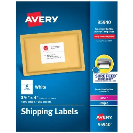 Avery Shipping Labels, Sure Feed Technology, Permanent Adhesive, 3-1/3" x 4", 1,500 Labels (95940) image {7}