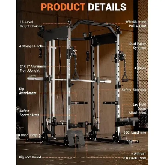 Acekool 2200LB Smith Machine Power Cage, Multi-Function Home Gym with Cable Crossover, LAT Pulldown, Squat Rack, Attachments image {5}