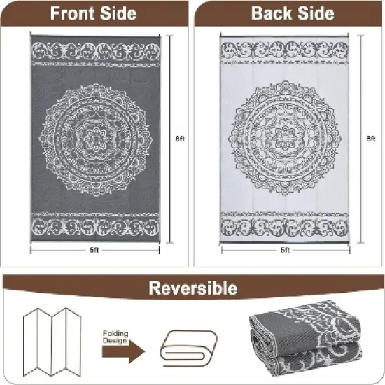 Waterproof Outdoor Rug - Reversible Plastic Straw w/ Leaf Pattern - For Patio, Deck, RV, Camping image {7}