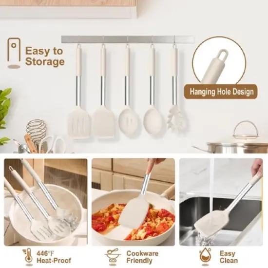 Itopfox 5-Piece Silicone Kitchen Utensil Set with Stainless Steel Handles for Nonstick Cookware, Heat-Resistant & Easy to Clean, Khaki image {5}