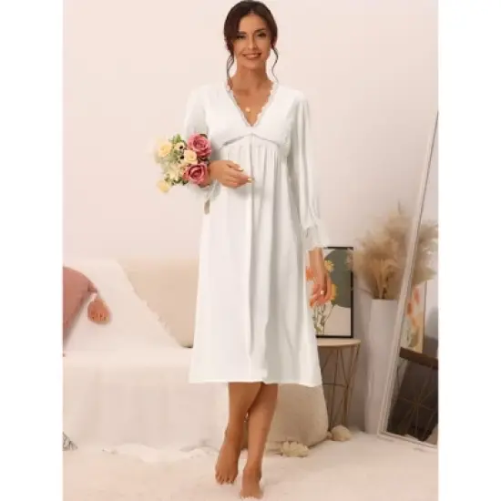 cheibear Womens Satin Nightgowns Long Sleeve Lace Trim V-Neck Pajama Dress image {1}