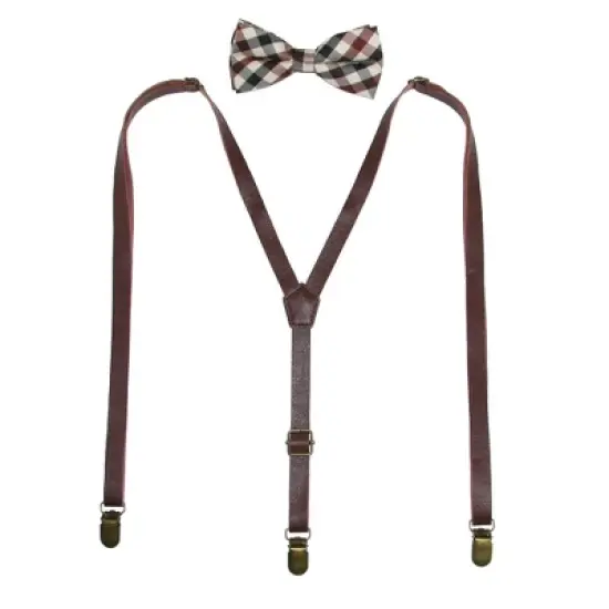 CTM Men's Brown Plaid Bow Tie with Brown Faux Leather Suspender Set image {3}