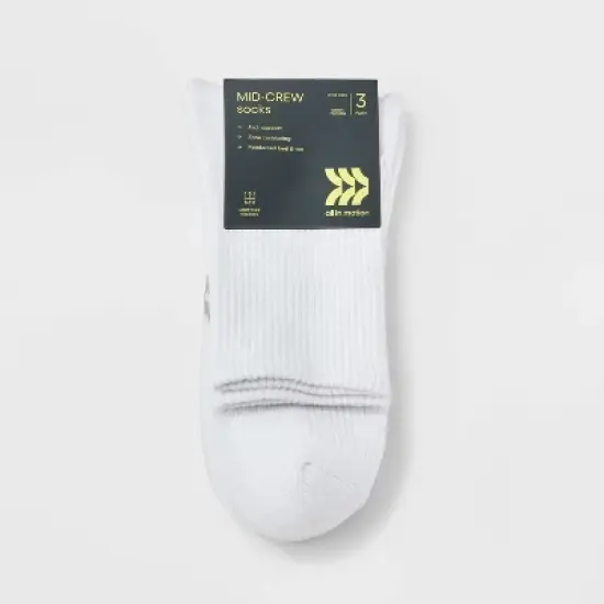 Men's 3pk Quarter Crew Socks - All In Motion&trade; White 6-12: Cushioned Heel, Flat Seams, Midweight Knit image {1}