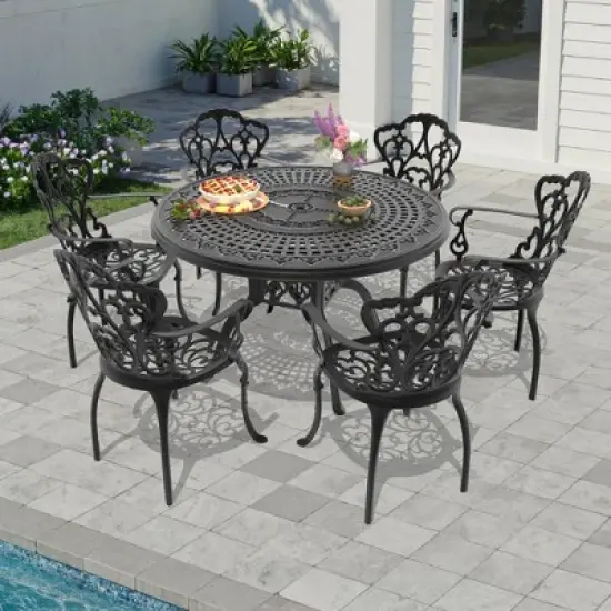 7-Piece Cast Aluminum Outdoor Dining Set with Beige Cushions, Round Table & Ergonomic Chairs - for Patio, Backyard image {1}