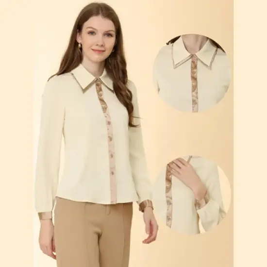 Allegra K Women's Contrast Collar Long Sleeve Office Button Down Shirts image {1}