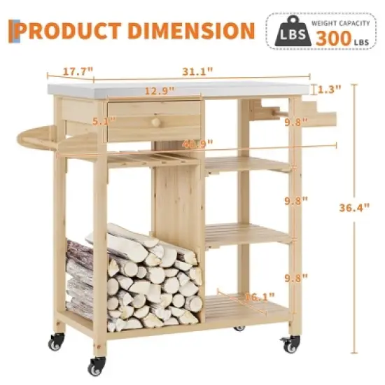 TROPOW Solid Wood Outdoor Grill Cart &uml;C Stainless Steel Top Kitchen Island with Lockable Wheels for Patio/Garden (Natural Wood Color) image {8}