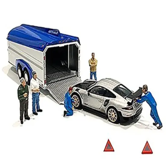 "Auto Transporter Crew" Diecast Set of 7 pieces (5 Figurines and 2 Warning Triangles) for 1/64 Scale Models by American Diorama image {1}