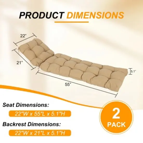 Aoodor 76" x 22" x 5.1" Polyester Tufted Chaise Lounge Cushion, Water-Resistant & Fade-Resistant Cushion for Outdoor Wicker Chaise Lounge Use, 2 Pack image {2}