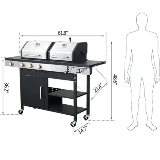 Dolonm 3+1 Hybrid Grill: Gas & Charcoal Combo w/Side Burner, 37,230BTU, Enamel Cast Iron Grids & Lockable Casters (Black) image {7}