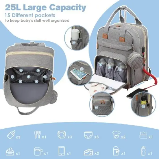 Itopfox Large Diaper Backpack with Changing Station, Insulated Pockets, USB Port, Waterproof, Lightweight, Unisex, Grey image {5}